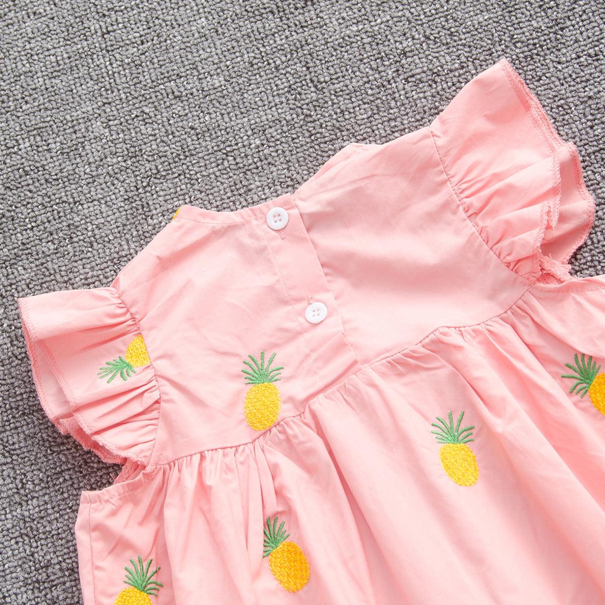 Toddler girls' short sleeve pineapple print solid loose dress - PrettyKid