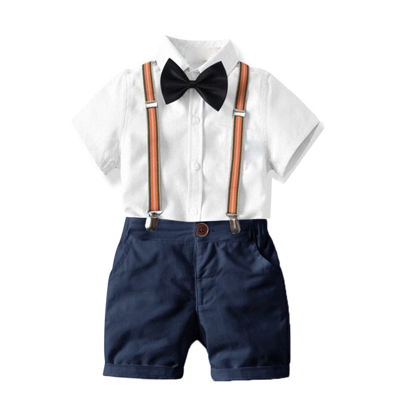 Toddler Kids Boys Solid Color Short Sleeved Shirt Bow Tie Gentleman Suspender Shorts Four Piece Set - PrettyKid