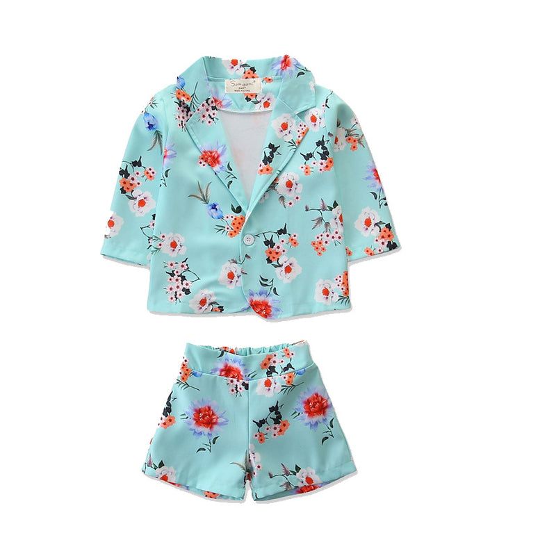 2023 summer children's clothing long-sleeved printed shirt shorts two-piece set - PrettyKid