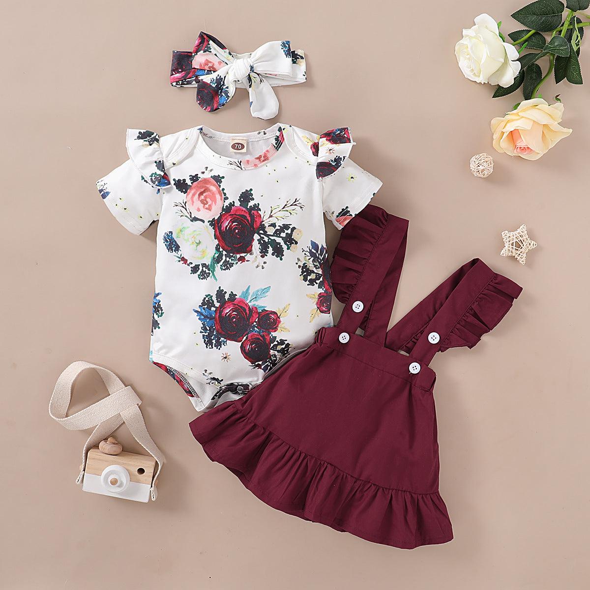 Baby Girls Floral Print Ruffle Jumpsuit Solid Color Straps Dress Set - PrettyKid