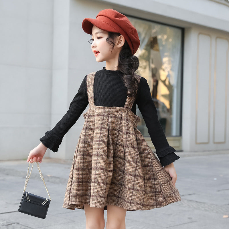 Toddler Kids Girls Solid Color Long-sleeved Top Plaid Print Straps Skirt Set - PrettyKid