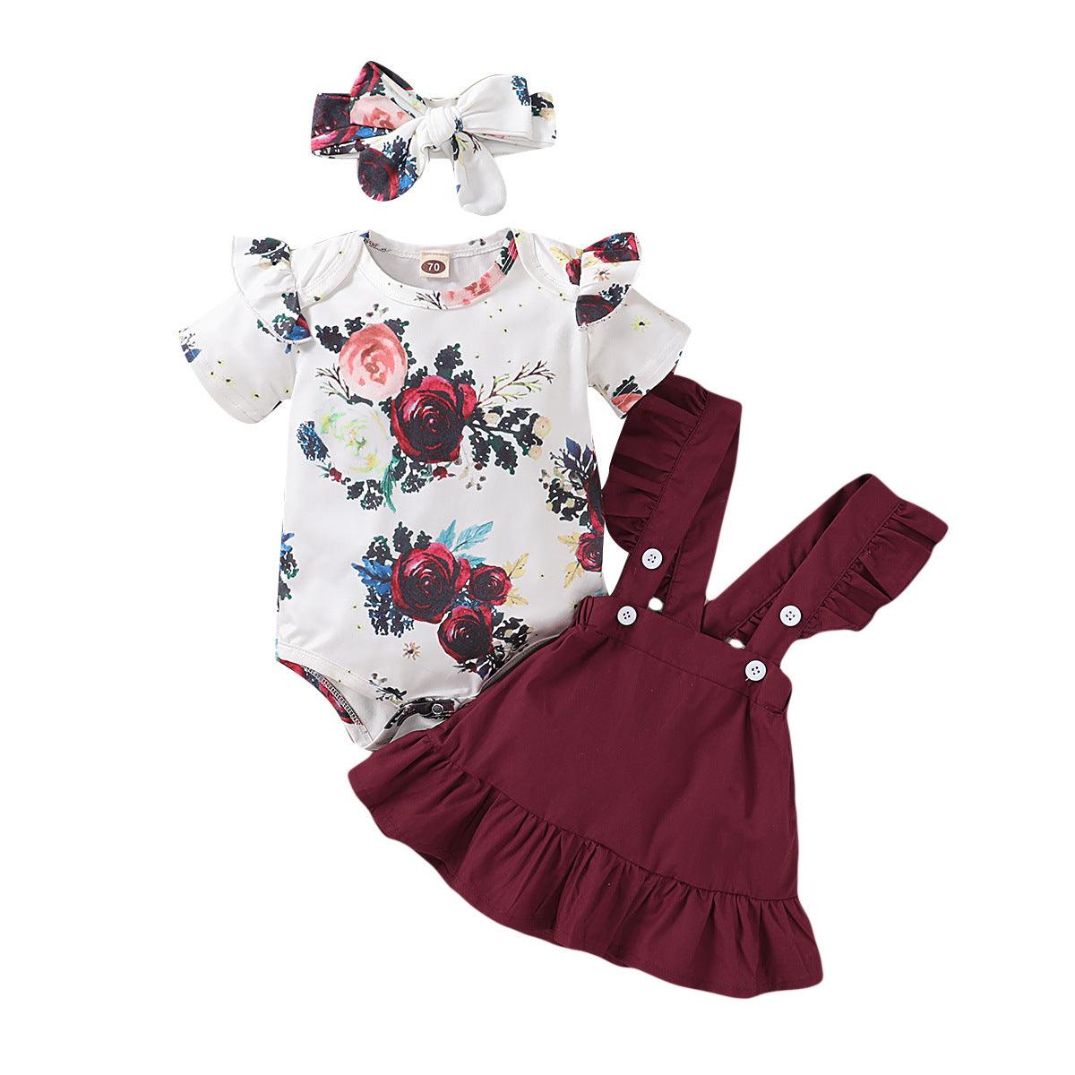 Baby Girls Floral Print Ruffle Jumpsuit Solid Color Straps Dress Set - PrettyKid