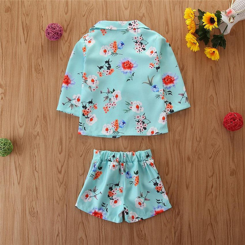 2023 summer children's clothing long-sleeved printed shirt shorts two-piece set - PrettyKid