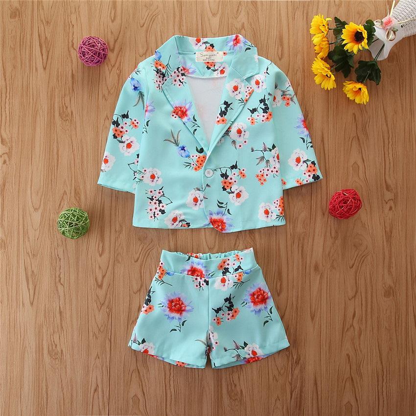 2023 summer children's clothing long-sleeved printed shirt shorts two-piece set - PrettyKid