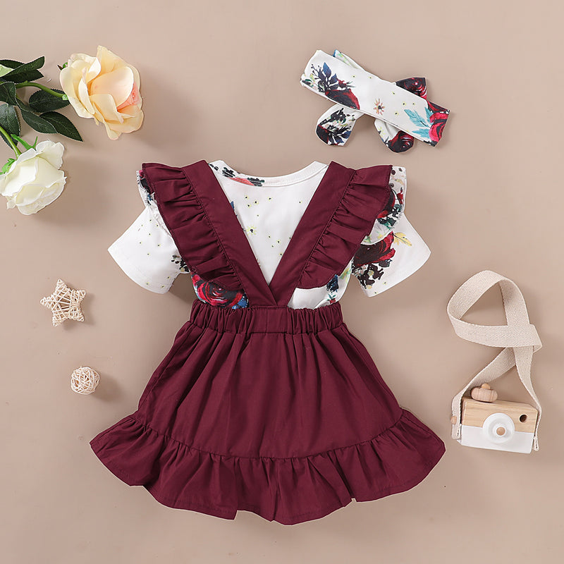 Baby Girls Floral Print Ruffle Jumpsuit Solid Color Straps Dress Set - PrettyKid