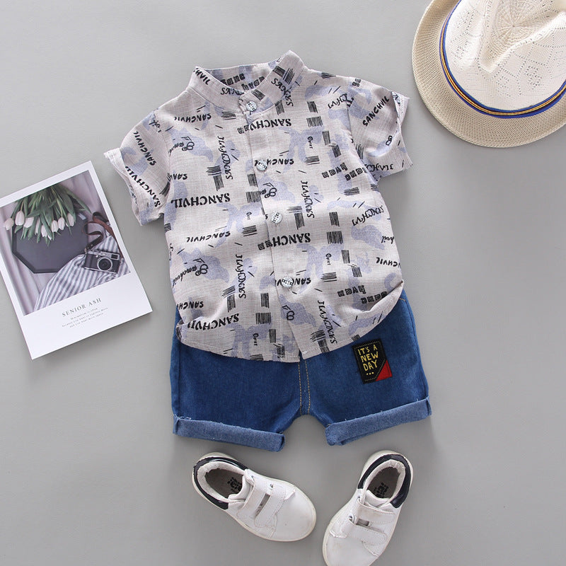 Summer Boys' Letter Shirt Short-sleeved Jeans Shorts Two-piece Set