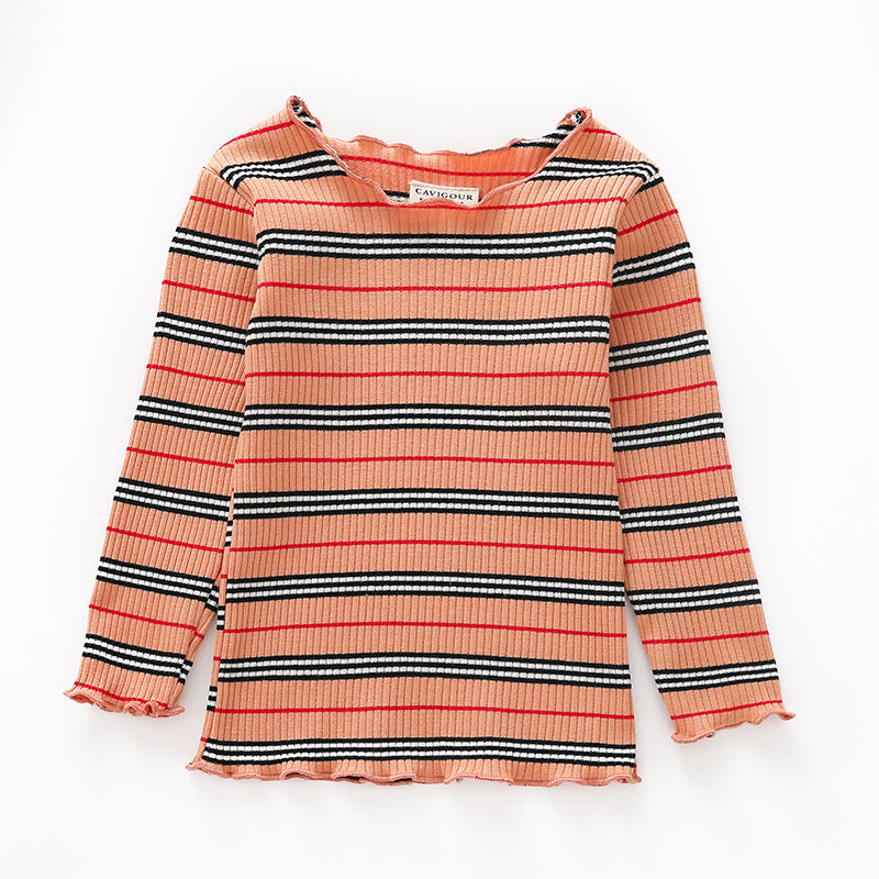 Spring New Cotton Striped Baby Girl T-shirt Wave Collar Tops Children's Clothing - PrettyKid