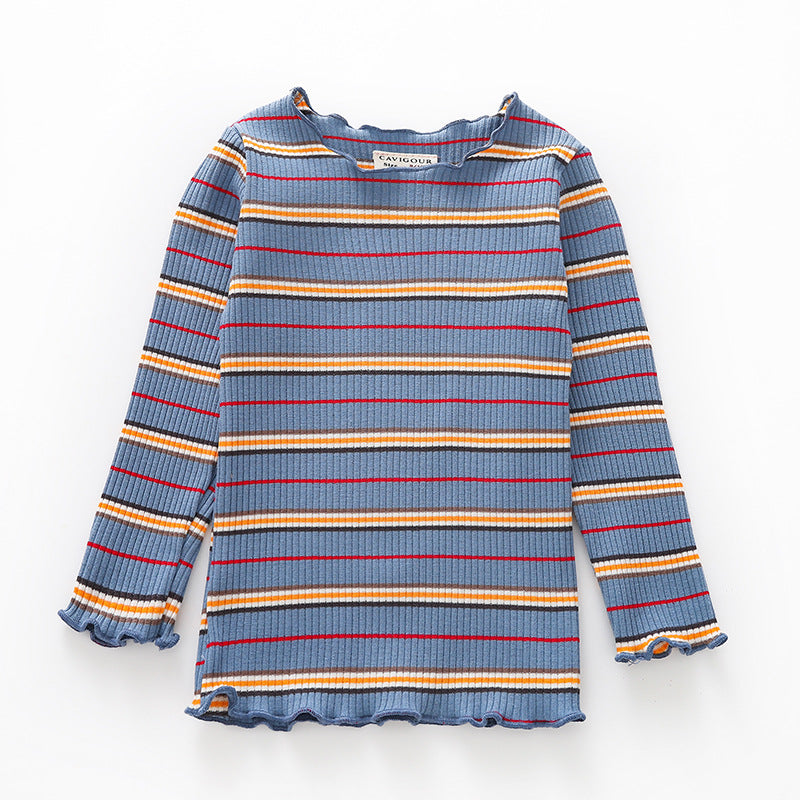 Spring New Cotton Striped Baby Girl T-shirt Wave Collar Tops Children's Clothing - PrettyKid
