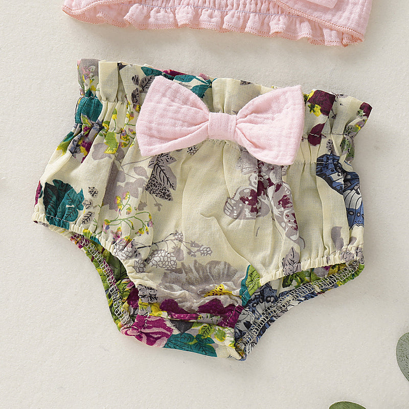 Baby Girls Solid Bow Suspender Shorts Set - PrettyKid