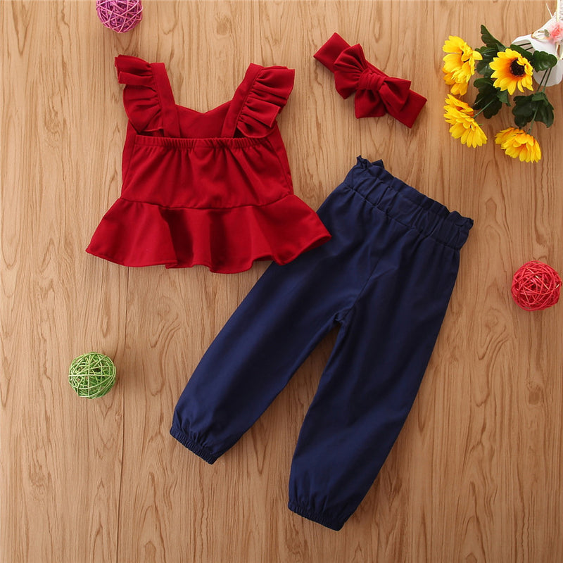 Toddler Kids Girls Red Suspender Ruffle Top Long Sleeve Suit Trendy Girl Clothes Wholesale - PrettyKid