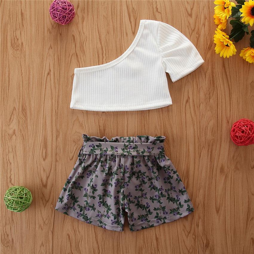 Toddler Kids Girls Diagonal Shoulder White Short Sleeve T-shirt Printed Shorts Set Little Girl Clothing Vendors - PrettyKid