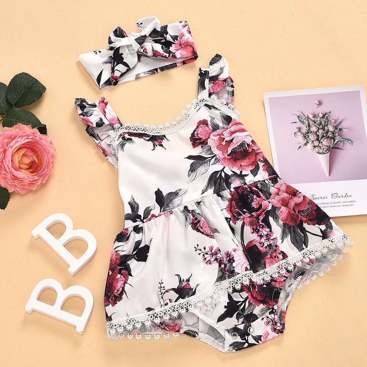 Baby girls flower printed jumpsuit 2-piece lace crawling suit - PrettyKid