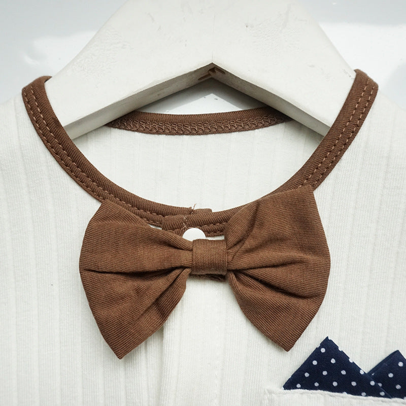 Baby Boys Solid Color Knitted Neckline Contrast Color Button Bow Tie Gentleman Long Sleeves Jumpsuit - PrettyKid