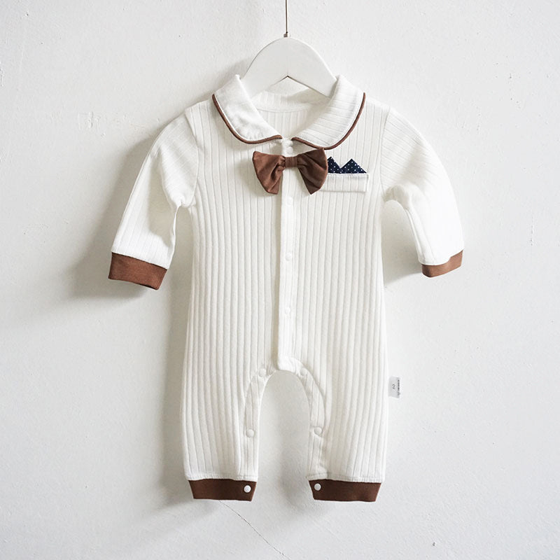 Baby Boys Solid Color Knitted Neckline Contrast Color Button Bow Tie Gentleman Long Sleeves Jumpsuit - PrettyKid