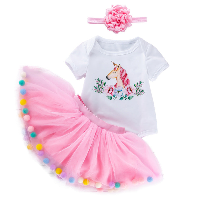 0-24M Baby Girls Sets Unicorn Flower Print Bodysuit & Pom Pom Skirts & Headband Wholesale Baby Clothing - PrettyKid
