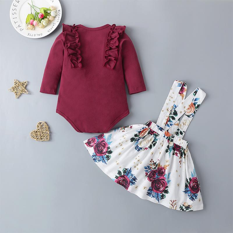 Baby Girls Long Sleeve Top & Floral Allover Print Suspender Skirt - PrettyKid