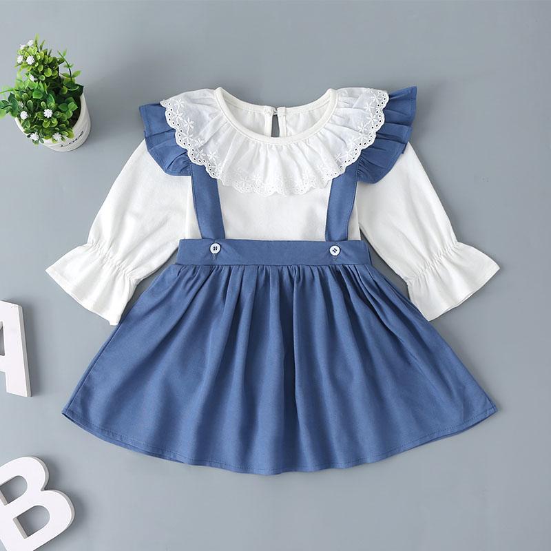 Baby Girl Doll Collar Lace Long Sleeve Top & Back Belt Skirt - PrettyKid