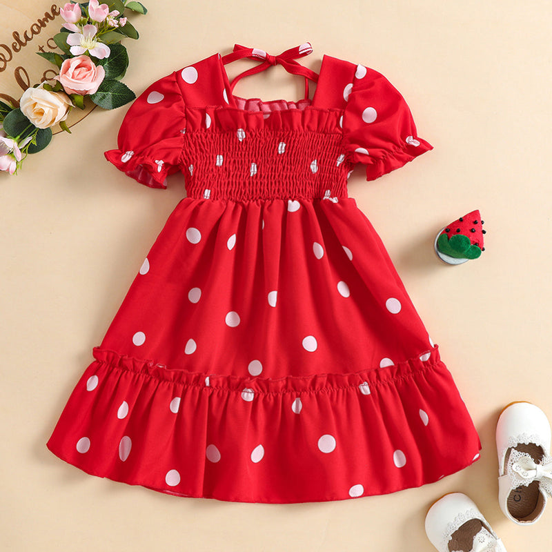 18M-6Y Toddler Girls Polka Dots Puff Sleeve Smocked Dresses Wholesale Girls Fashion Clothes