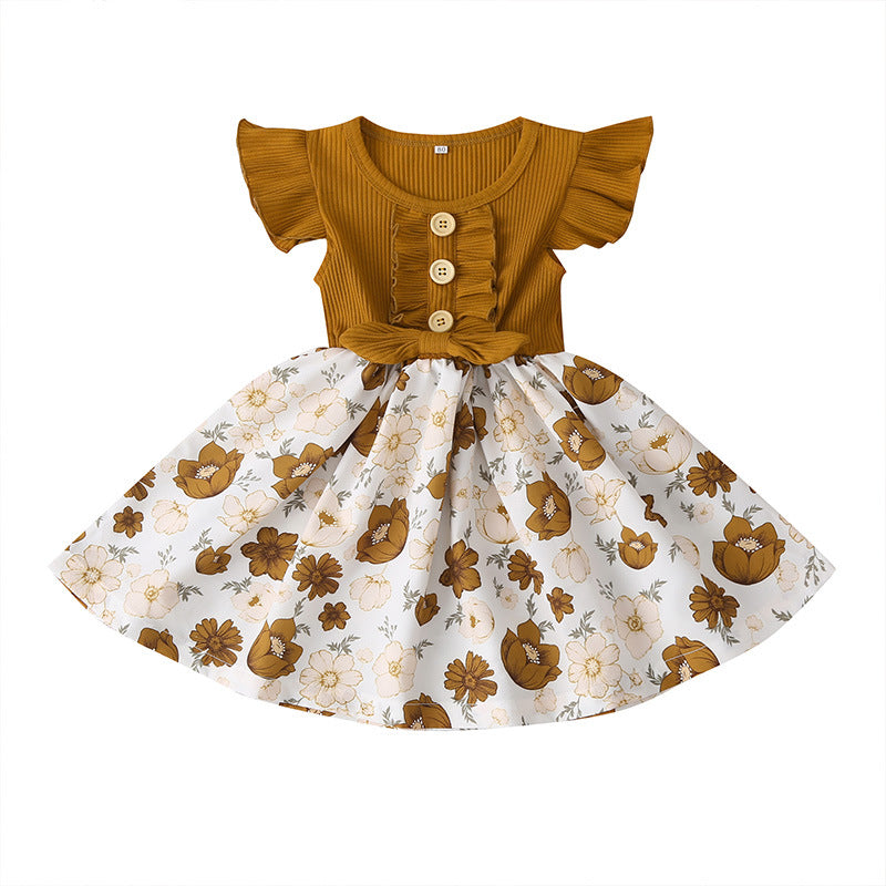 Toddler Kids Girls' Solid Flower Print Stitched Bow Dress - PrettyKid