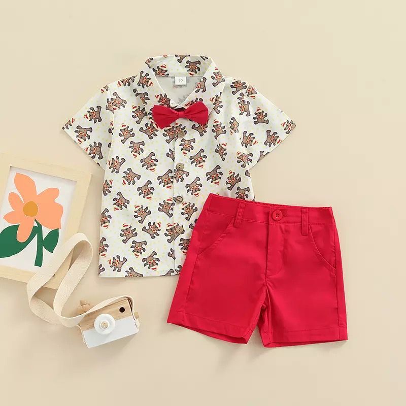 Cartoon Print Short-Sleeved Top And Solid Color Shorts Toddler Boy Sets - PrettyKid