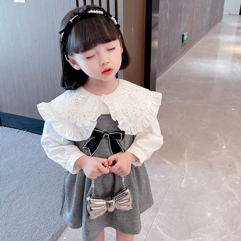 18months-6years Toddler Girl Sets Lace Collar Shirt & Skirt Wholesale Girls Fashion Clothes - PrettyKid
