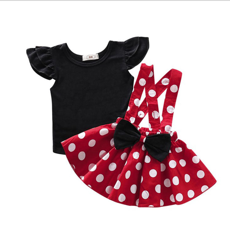 Toddler Girls Solid Color Flying Sleeve Top Polka Dot Halter Dress Set - PrettyKid
