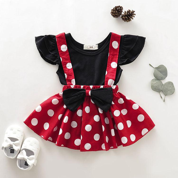 Toddler Girls Solid Color Flying Sleeve Top Polka Dot Halter Dress Set - PrettyKid