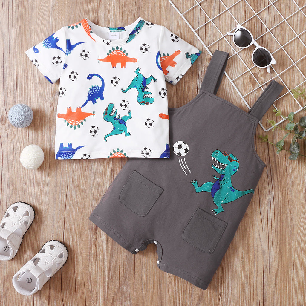 6M-3Y Baby Clothes Sets Dinosuar Print T-Shirts & Suspender Romper Baby Clothes In Bulk - PrettyKid