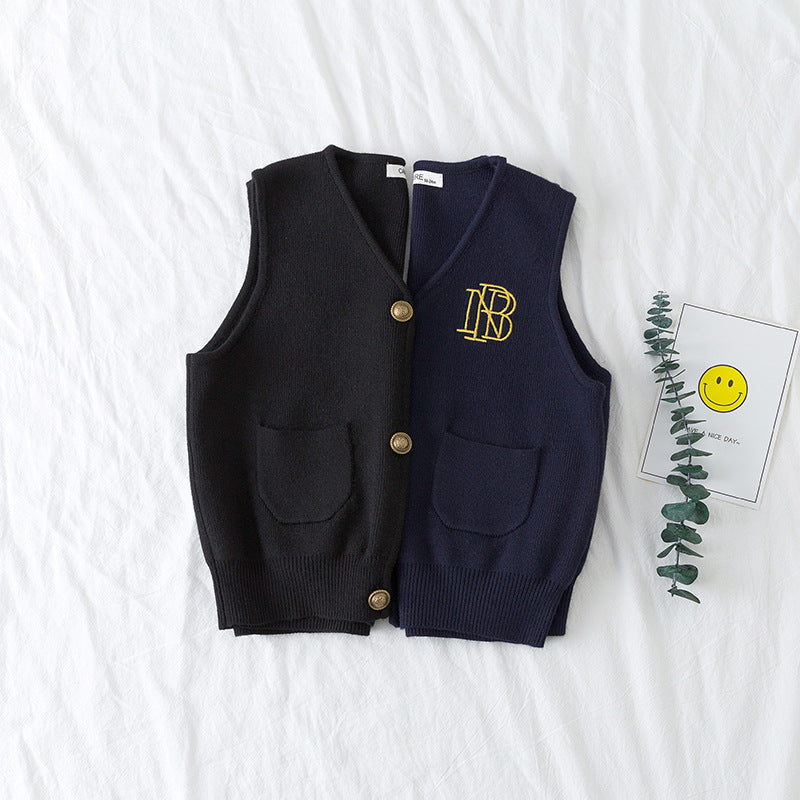 Children's Solid Color Embroidered Letters Cardigan Sleeveless Vest Knitted Sweater Undershirt - PrettyKid
