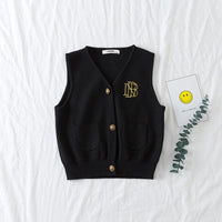 Children's Solid Color Embroidered Letters Cardigan Sleeveless Vest Knitted Sweater Undershirt - PrettyKid