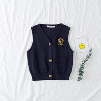 Children's Solid Color Embroidered Letters Cardigan Sleeveless Vest Knitted Sweater Undershirt - PrettyKid