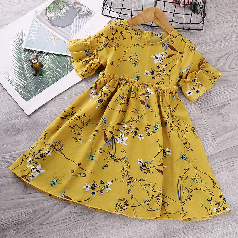 Toddler Kids Girl Solid Flower Print Short Sleeve Dress - PrettyKid