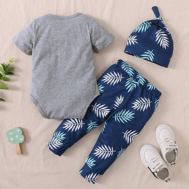 Baby Boy Monogram Print Bodysuit And Leaf Print Trousers And Hat Baby Outfit Sets - PrettyKid