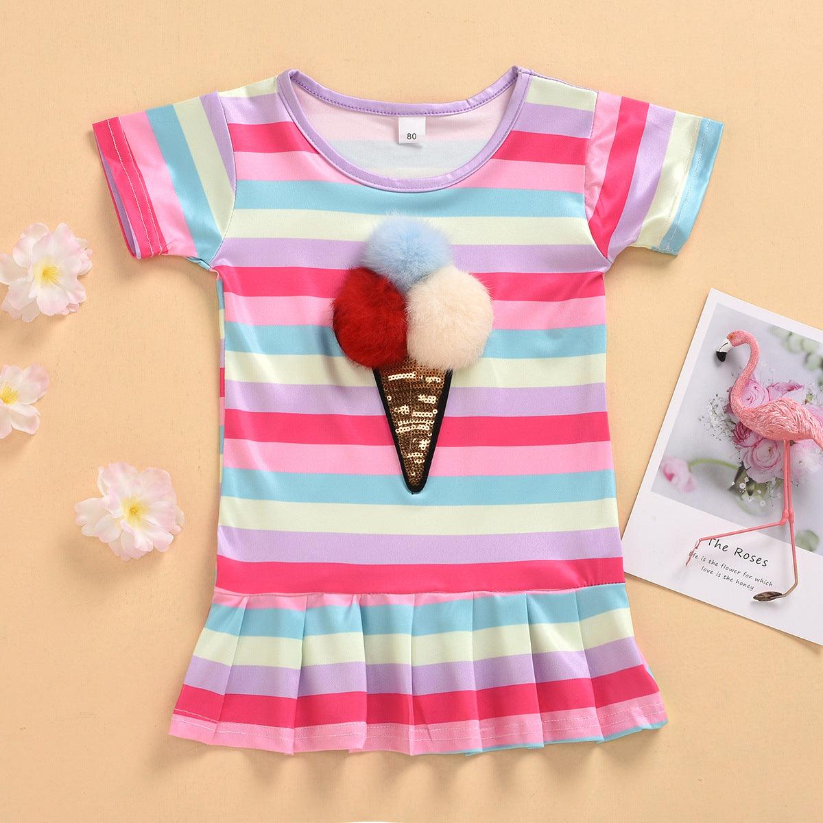 Summer Toddler kids girls color striped ice cream flamingo dress set - PrettyKid