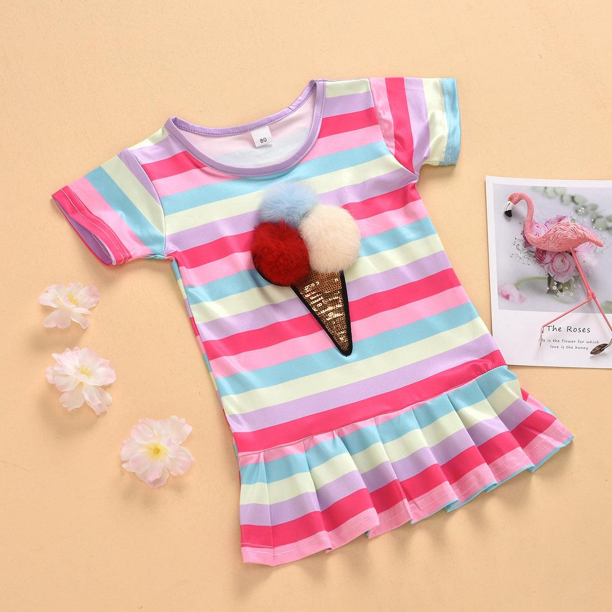 Summer Toddler kids girls color striped ice cream flamingo dress set - PrettyKid