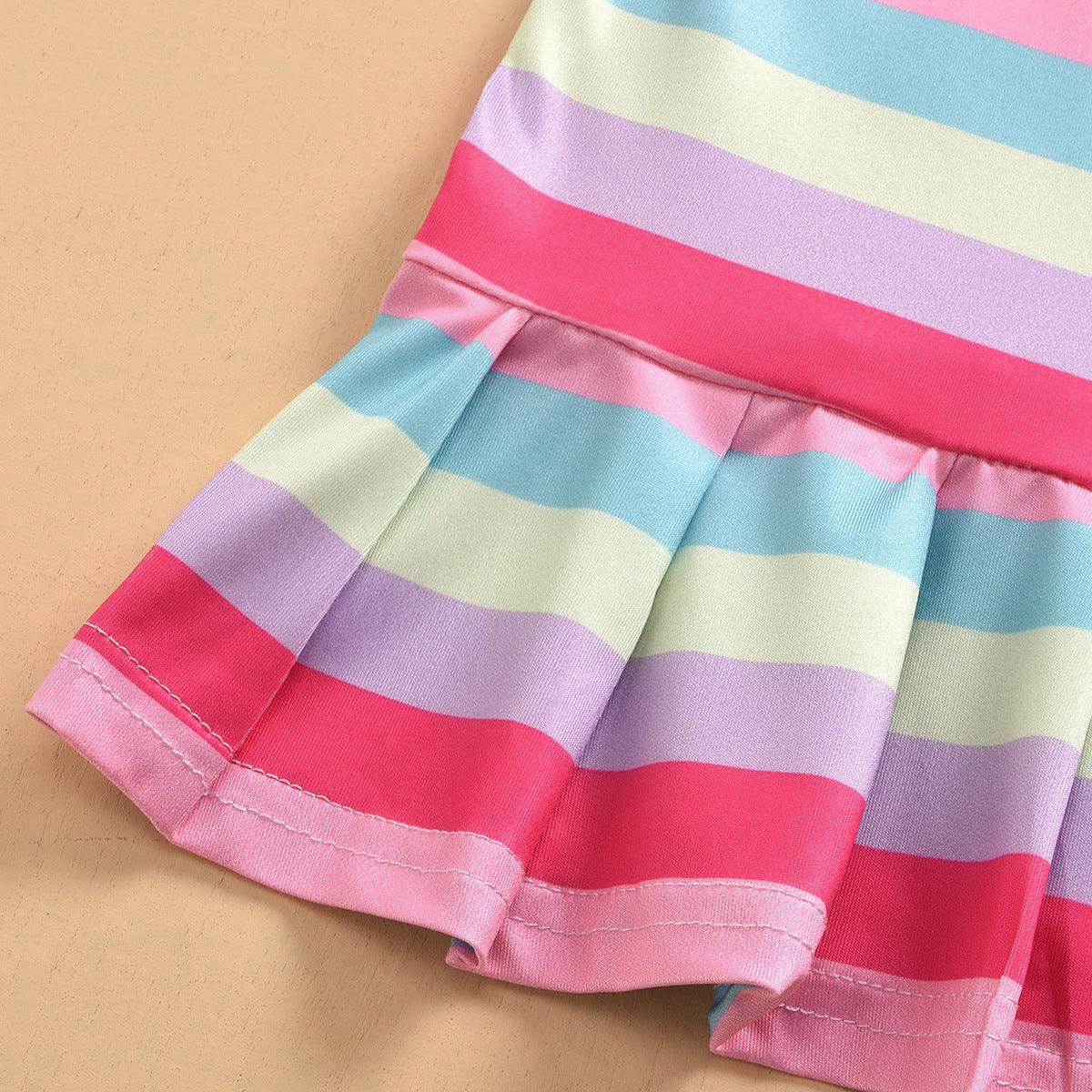 Summer Toddler kids girls color striped ice cream flamingo dress set - PrettyKid