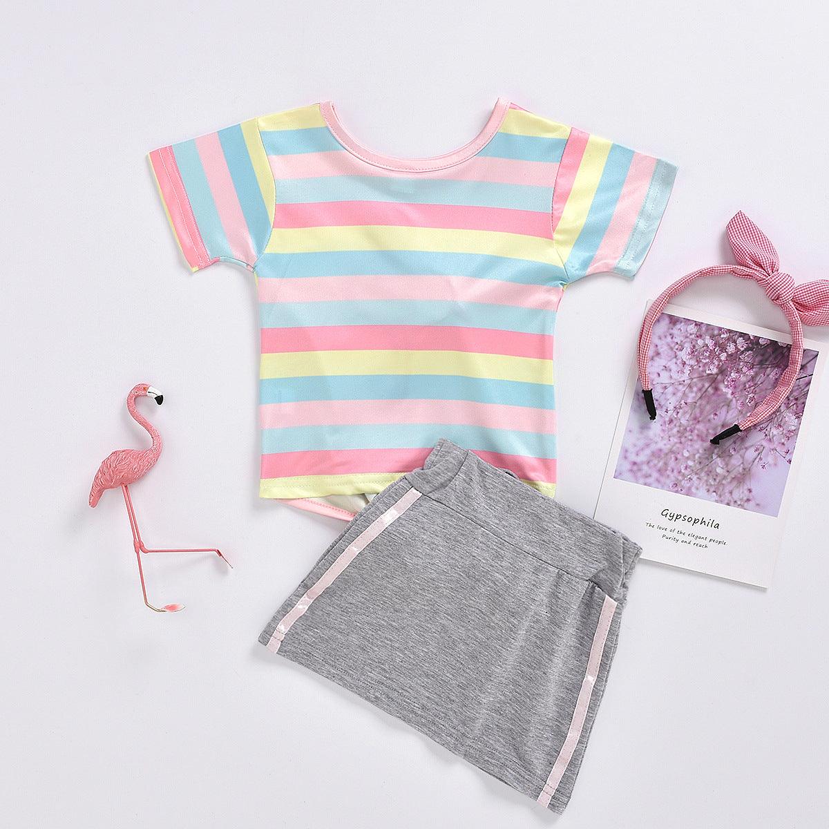 Summer Toddler kids girls color striped ice cream flamingo dress set - PrettyKid