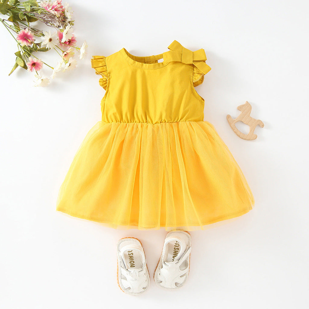 3-24M Solid Color Mesh Panel Sleeveless Bow Dress Wholesale Baby Clothes - PrettyKid