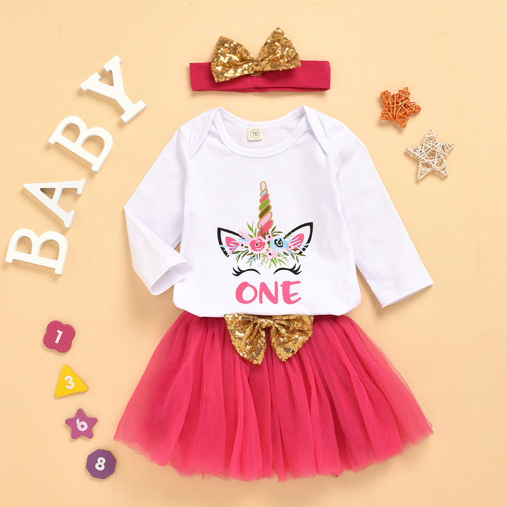 Baby Girls Solid Unicorn Print Jumpsuit Bow Mesh Skirt Set - PrettyKid