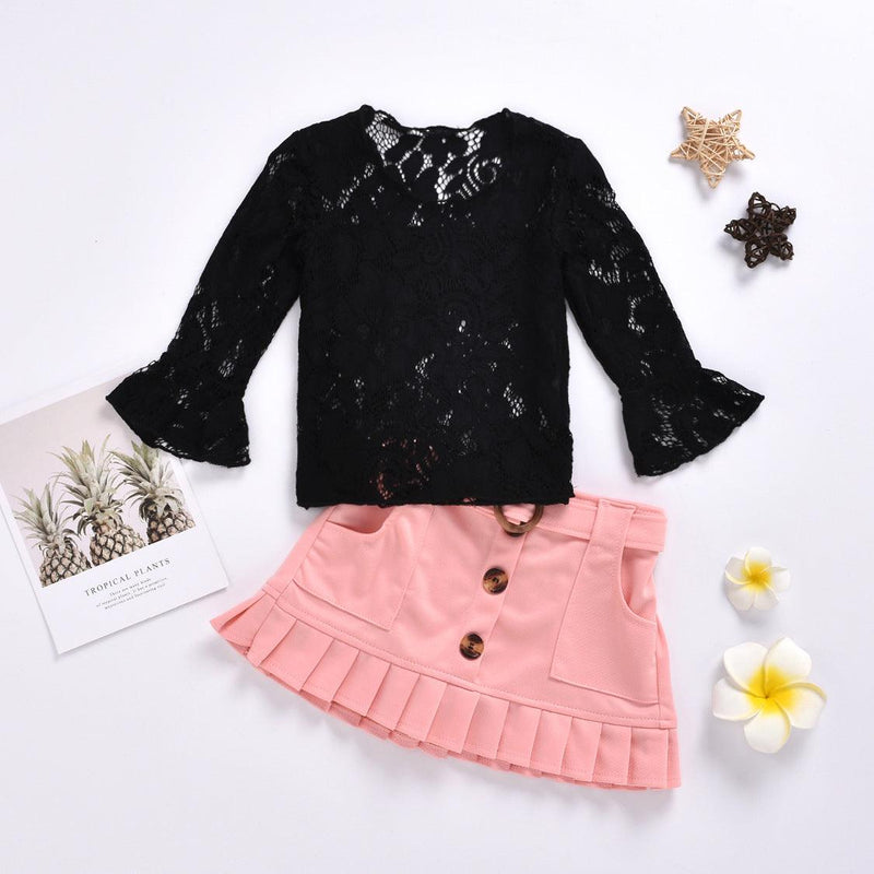 Toddler kids girls' long Sleeve Black Lace Top Button short belt skirt suit - PrettyKid