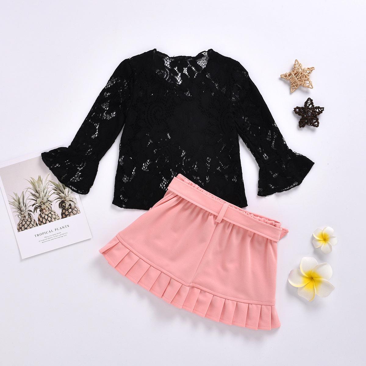 Toddler kids girls' long Sleeve Black Lace Top Button short belt skirt suit - PrettyKid