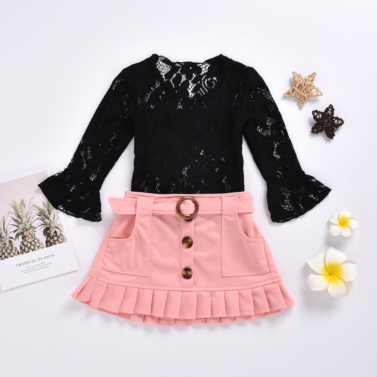 Toddler kids girls' long Sleeve Black Lace Top Button short belt skirt suit - PrettyKid