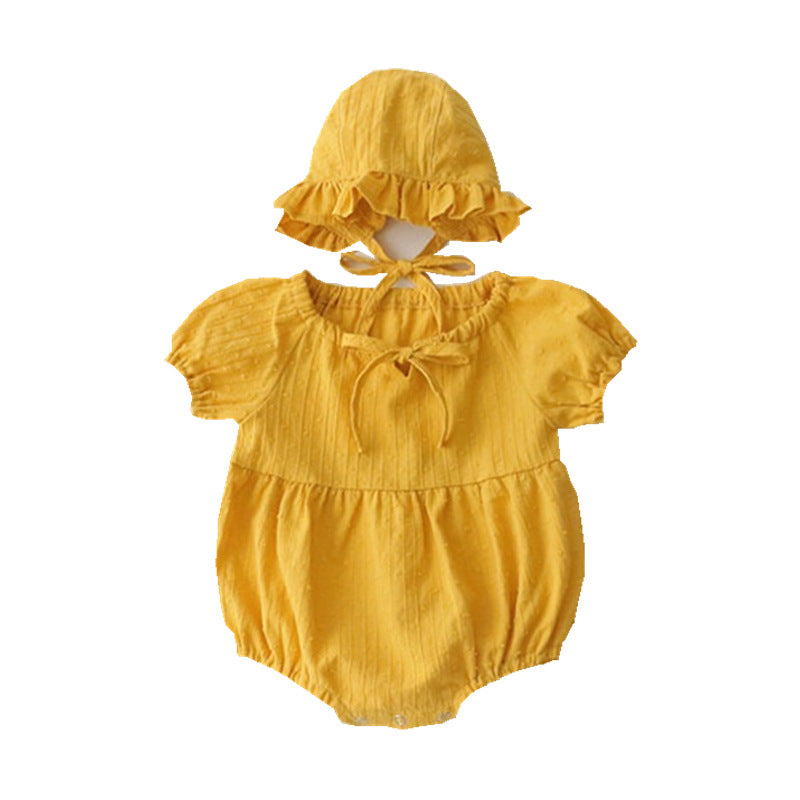 Baby Girls Solid Cotton Round Neck Short Sleeve Triangle Jumpsuit Hat Romper Set - PrettyKid