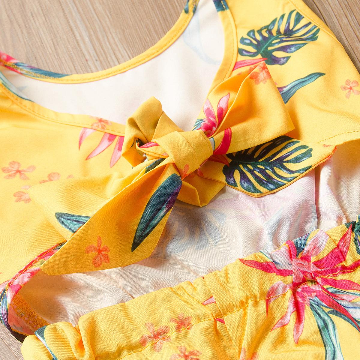 Toddler Kids Girls' Sleeveless Floral Yellow Backless Jumpsuit Trendy Girl Clothes Wholesale - PrettyKid