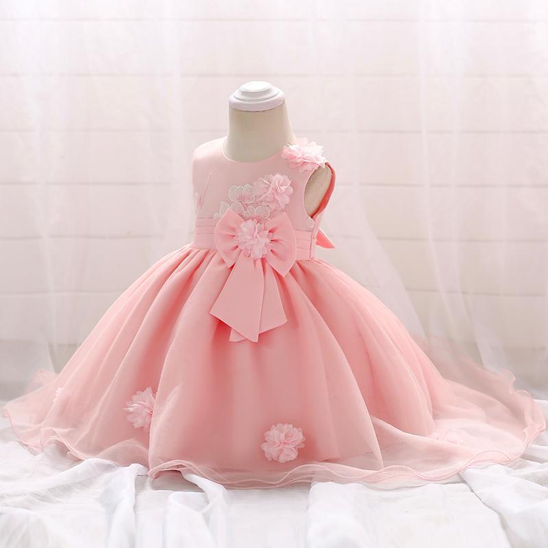 Baby Girl 3D Flower Decor Bowknot Sleeveless Mesh Formal Dress - PrettyKid