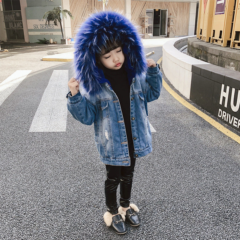 Toddler Kids Girls Denim Wool Collar Warm Thickened Plush Coat - PrettyKid