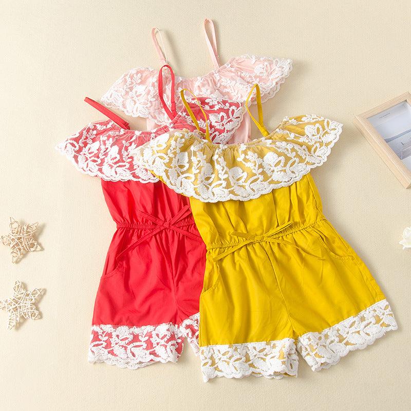 Wholesale Children Girls' Lace Spaghetti-Strap off-Shoulder Jumpsuit - PrettyKid