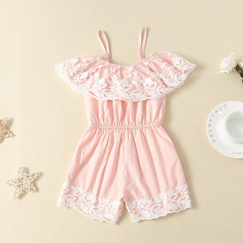 Wholesale Children Girls' Lace Spaghetti-Strap off-Shoulder Jumpsuit - PrettyKid