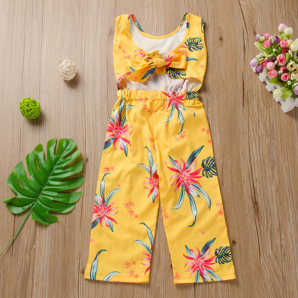 Toddler Kids Girls' Sleeveless Floral Yellow Backless Jumpsuit Trendy Girl Clothes Wholesale - PrettyKid