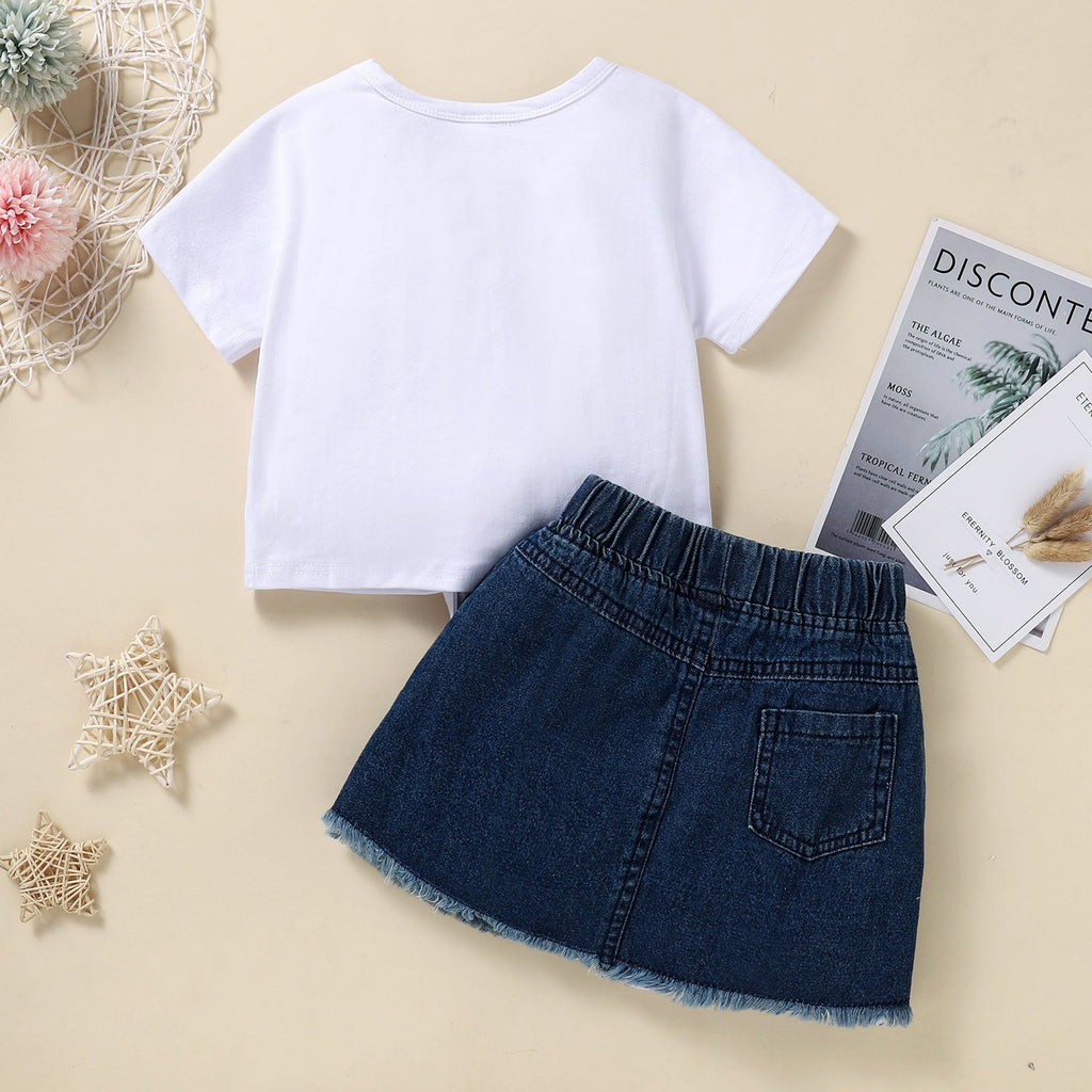 Butterfly Print T-Shirt And Ripped Denim Skirt Girl Toddler Outfit Sets - PrettyKid